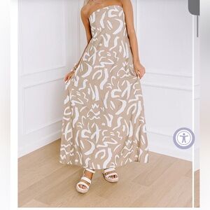 Tan and White Strapless A-Line Maxi Dress for Resort Wear